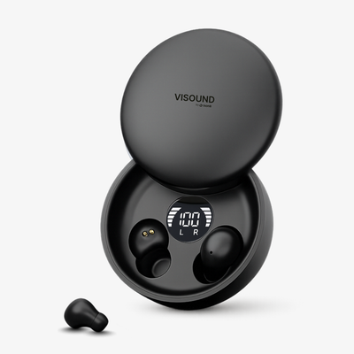 VISOUND by VionB wireless earbuds and their open black charging case featuring a digital 100% battery display and L R indicators, with one earbud nestled inside and another resting on a white background