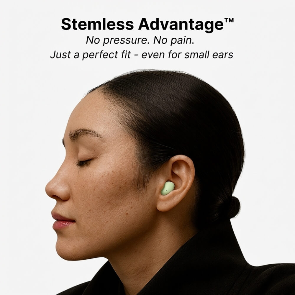 Product photograph of a woman in profile with dark hair tied back, her eyes closed, wearing a bright green stemless earbud, highlighting the Stemless Advantage of a comfortable fit