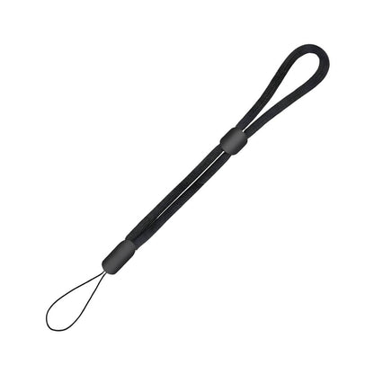 Black woven cord wrist lanyard featuring adjustable plastic sliders and a thin attachment loop