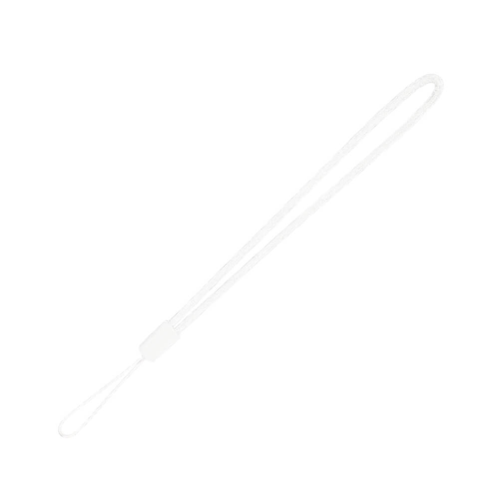 White braided cord wrist strap with a plastic adjuster and small attachment loop