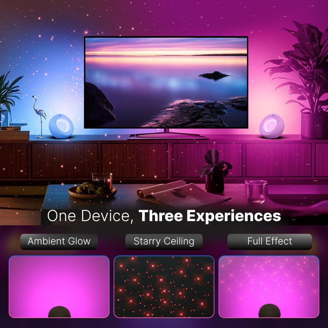 A modern living room featuring a large TV displaying a sunset, illuminated by a device projecting a starry blue-pink gradient onto the walls and ceiling, with spherical ambient lamps and a flamingo statue, demonstrating ambient glow, starry ceiling, and full effect options