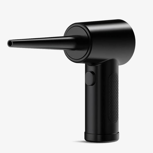 Matte black handheld electric air duster featuring a T-shaped body with a pointed nozzle a prominent circular button and a diamond-textured grip against a plain white background