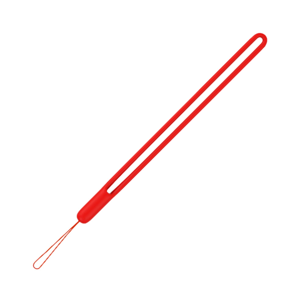 A vibrant red silicone wrist strap featuring a long, hollowed main loop and a thin attachment string