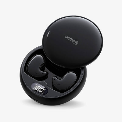 Visound by O Vrong wireless earbuds in an open black round charging case featuring two comma-shaped earpieces with subtle smiley faces and a digital "100" battery display against a clean white background