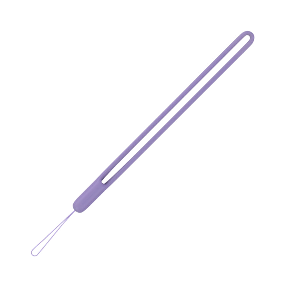 A light purple silicone phone wrist strap featuring a main wrist loop and a thin attachment string loop