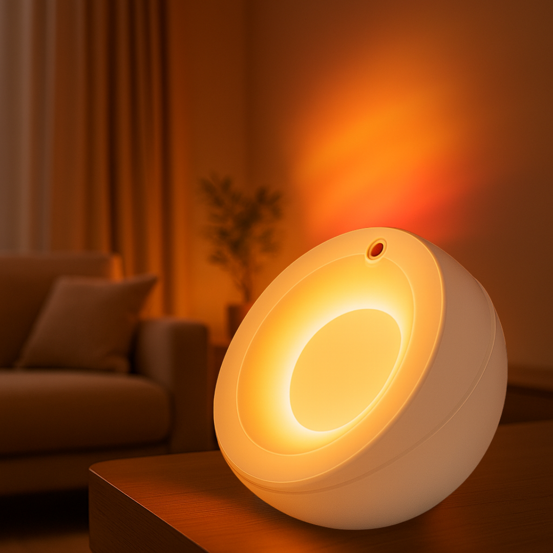 Modern white spherical lamp emitting a warm orange light and projecting an orange and red gradient onto a wall in a cozy living room