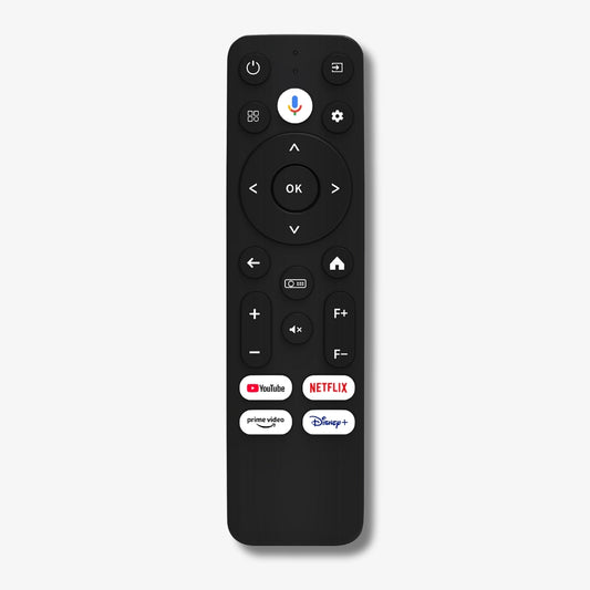 Black smart TV remote control against a plain white background displaying a colorful Google Assistant microphone button and dedicated streaming app buttons for YouTube Netflix Prime Video and Disney+