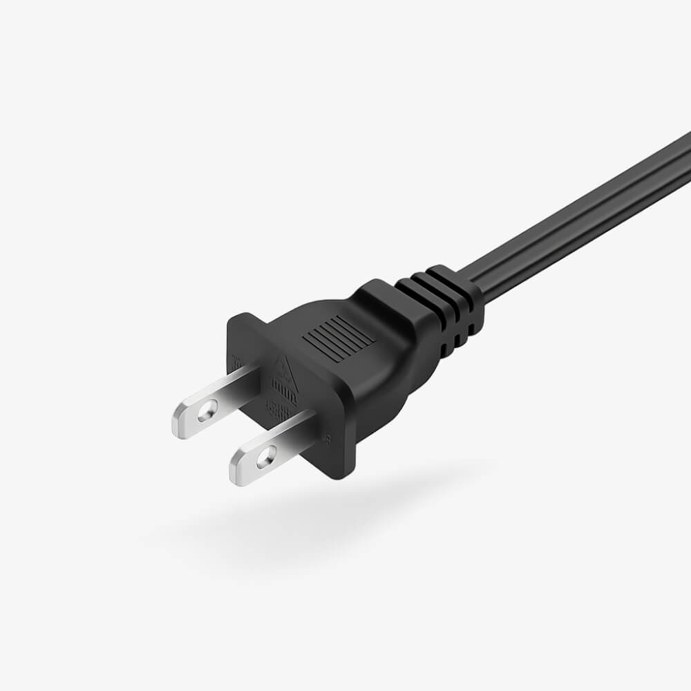 Black NEMA 1-15P two-prong ungrounded electrical plug with silver parallel blades and a textured strain relief extending to a black power cord against a bright white background