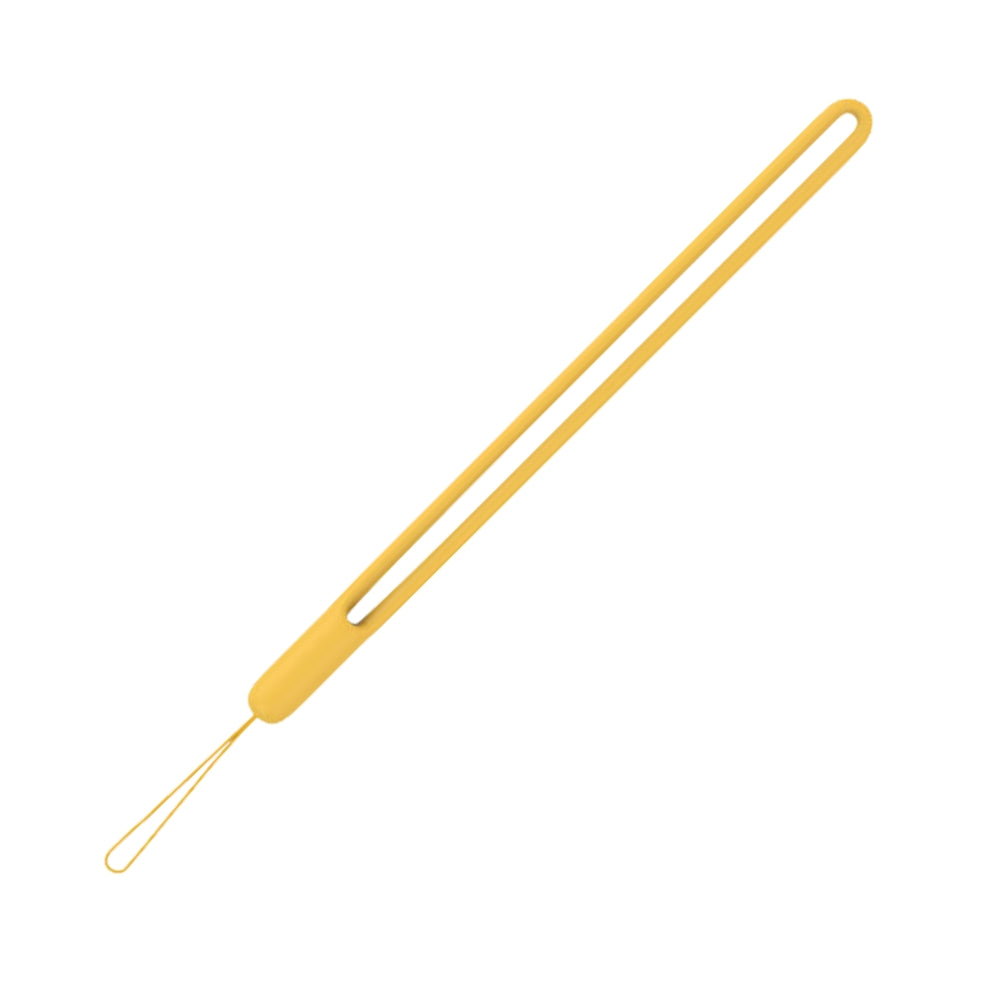 Yellow silicone phone wrist strap featuring a long main loop and a thin attachment cord on a bright white background