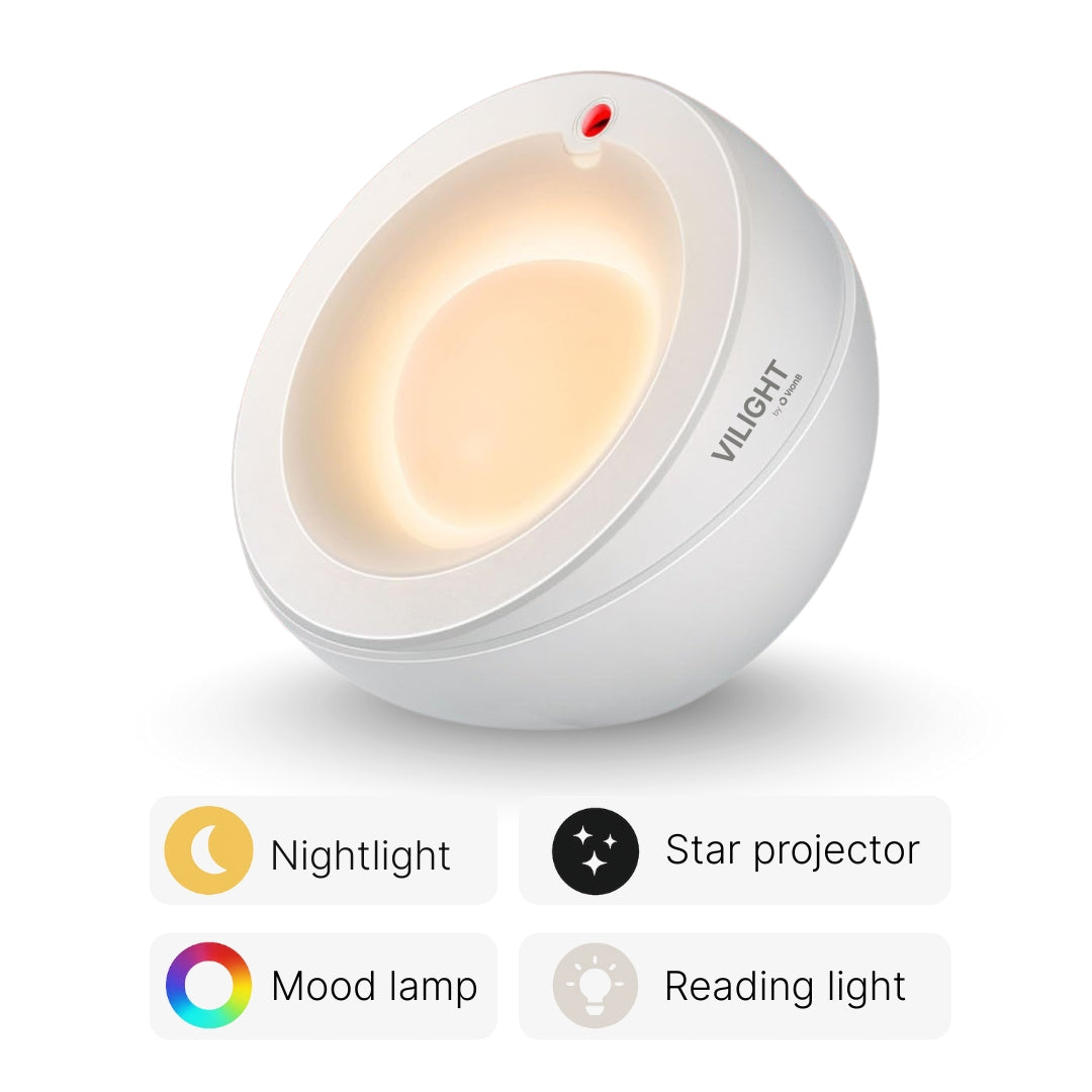 Product image of a white spherical VILIGHT by O'VonB lamp with a warm yellow glow, a red indicator light, and labels for nightlight, star projector, mood lamp, and reading light functions