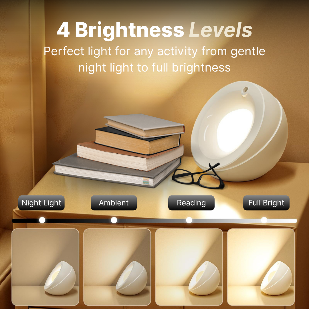 A modern white spherical lamp on a warm golden-brown bedside table demonstrating four brightness levels from gentle night light to full bright alongside a stack of books and black reading glasses