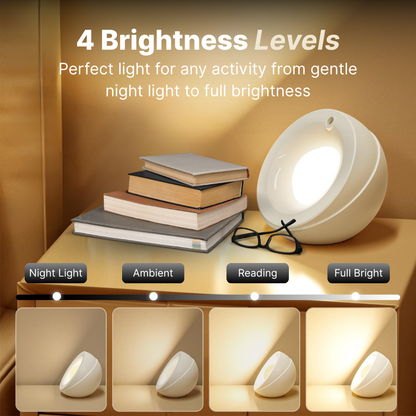 A modern white spherical lamp on a warm golden-brown bedside table demonstrating four brightness levels from gentle night light to full bright alongside a stack of books and black reading glasses