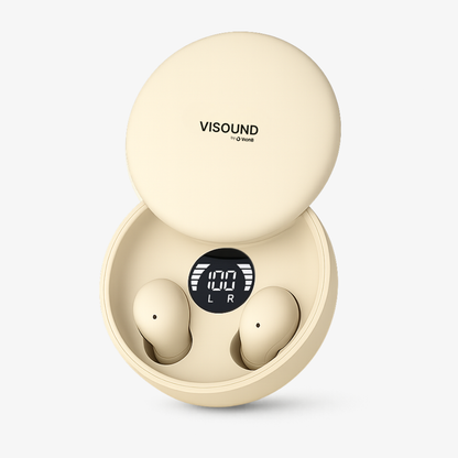 VISOUND by VionB cream wireless earbuds displayed in their open charging case featuring a digital screen showing 100 percent battery and L R indicators